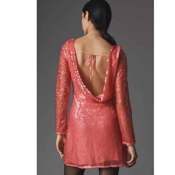 New By Anthropologie Sequin Drape-Back Mini Dress $180 SIZE 14 Pink Long Sleeve - Picture 5 of 9